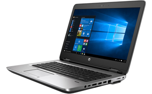 Front right angle view of an opened HP ProBook 640 G2, with screen showing Windows 10 home screen and Start menu